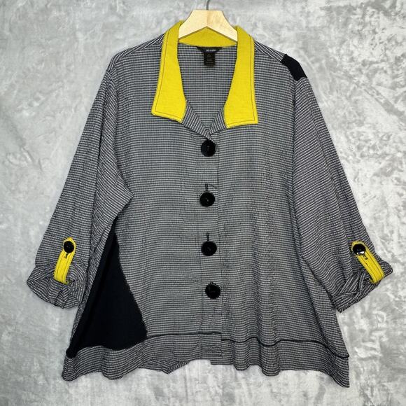 Ali Miles Shirt Womens 3X Black White Yellow Tunic Top Button Front Colorblock - Picture 1 of 8